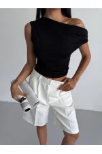 Kadın Siyah Yandan Drapeli Kayık Yaka Sandy Bluz HZL25S-FRY123201