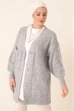 Cardigan long boutonné coupe décontractée en tricot gris clair pour femme HZL23W-BD1100691