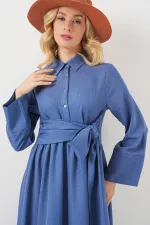 Robe en lin à nouer sur le devant pour femme 2574 - Indigo