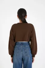 Sweat-shirt court basique marron à col ras du cou et manches longues pour femme HZL24W-ZK11351