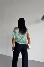 Women's Light Green One-Shoulder Asymmetrical Satin Blouse HZL26W-FRY121171 Women's Light Green One-Shoulder Asymmetrical Satin Blouse HZL26W-FRY121171