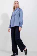 Kadın Mavi Fırfır Detaylı Uzun Kollu Şık Gömlek HZL25W-BD1202231