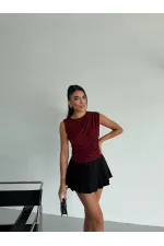 Kadın Bordo Büzgülü Kolsuz Sandy Bluz HZL26W-FRY122751