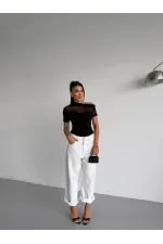 Kadın Siyah Tek Omuz Transparan Tül Detaylı Şık Sandy Bluz HZL26S-FRY123871