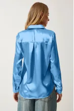 Kadın Buz Mavisi Hafif Dökümlü Saten Yüzeyli Gömlek HZL22W-BD139641