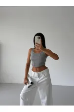 Chemisier court côtelé gris pour femme HZL25S-FRY123171