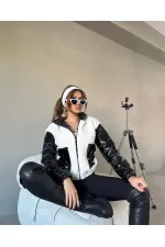 Women's White and Black Patent Leather Lined, Elastic Waist Hooded Crop Plush Coat HZL24W-BRC144441