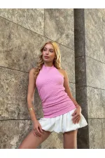 Kadın Pembe Boyundan Bağlamalı Gofre Kumaş Bluz HZL25S-ZK13631