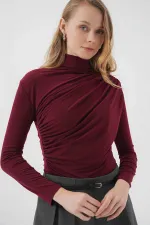 Kadın Bordo Büzgü Detay Balıkçı Yaka Sandy Bluz HZL25W-BD19251