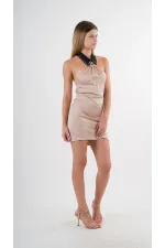Kadın Bej Halter Yaka Saten Kumaş Sırt Dekolteli Mini Elbise HZL24S-YY262
