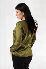 Kadın Yağ Yeşili Hafif Dökümlü Saten Yüzeyli Gömlek HZL22W-BD139641