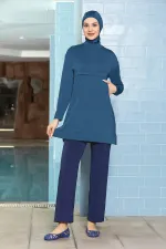Women's Hijab Petrol Blue Pocketed Long Sleeve Fully Covered Tights Lycra Dress Swimsuit HZL24S-AR1254-29