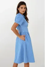 Kadın Açık Mavi Kısa Kollu Beli lastikli Yarım Düğmeli Göğüs Pensli Kot Elbise HZL22S-BD122101