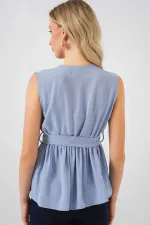 Kadın Mavi Kruvaze Yaka Beli Lastikli Kuşaklı Bluz HZL25S-BD19661