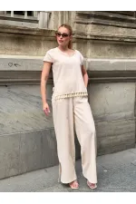 Women's Cream-Colored, Relaxed Fit Linen Top and Bottom Set with Tassel Detail HZL26S-VL14181
