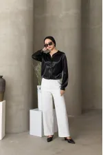 Kadın Siyah Tesettür Küçük ve Büyük Bedenler Hafif Dökümlü Saten Yüzeyli Gömlek HZL25W-BD139641