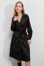 Trench-coat décontracté noir à double boutonnage pour femme, non doublé, avec ceinture, HZL22S-BD158531