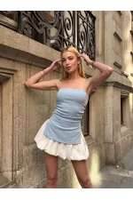 Kadın Mavi Yanı Büzgülü Çift Yırtmaçlı Straplez Bluz HZL24S-ZK13091