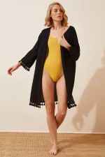 Kadın Siyah Püsküllü Midi Kimono HZL22S-BD158331