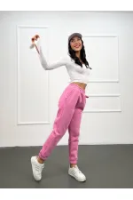 Pantalon de survêtement rose à poches et taille élastique pour femme, taille haute à 3 fils, HZL24W-ZK12321