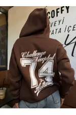 Kadın Kahverengi Baskılı Kapüşonlu Fermuarlı Oversize Sweatshirt HZL24W-ZK12741