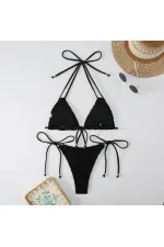 Kadın Siyah İp Bağlamalı Aksesuarlı Astarlı Yüksek Bel Üçgen Bikini Takım HZL24S-LC2229