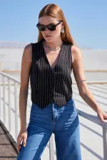 Kadın Siyah Çizgili Düğmeli Astarsız Dokuma Yelek HZL24S-BD167941