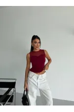 Kadın Bordo Kolsuz Likralı Tül Detay Sandy Bluz HZL26W-FRY123721