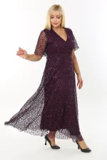 Kadın Mor Büyük Beden Kruvaze Yaka Payetli Abiye Elbise HZL26S-PR11171