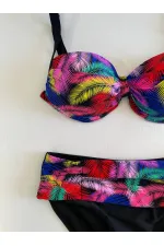 Kadın Siyah Sarı Kırmızı Çok Renk Desenli  Astarlı Büyük Beden Bikini Takımı HZL25S-LC06