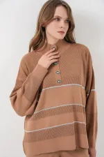 Ensemble deux pièces rayé oversize en maille pour femme 15957 - Camel