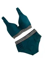 Women's Green High Waist Side Stripe Detail Patterned Elastic Padded Bikini Set HZL25S-LC201
