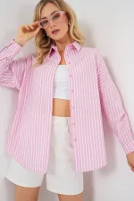 Kadın Çizgili Oversize Gömlek 20332 - Pudra