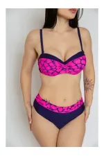Women's Fuchsia Navy Blue Patterned Lined Bikini Set HZL25S-LC25143