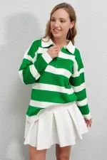 Pull oversize en maille à rayures vertes et col polo pour femme, zippé, HZL23W-BD145121