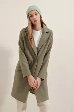 Manteau élégant en cachemire kaki pour femme, doublé, à un bouton et deux poches, HZL23W-BD190851