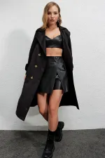 Trench-coat décontracté noir à double boutonnage pour femme, non doublé, avec ceinture, HZL22S-BD158531