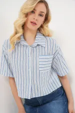 Kadın Çizgili Crop Gömlek 20342 - Mavi