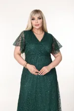Kadın Zümrüt Yeşil Büyük Beden Kruvaze Yaka Payetli Abiye Elbise HZL26S-PR11171