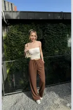 Kadın Kahverengi Cepli Beli Lastikli Bol Paça Keten Pantolon HZL24S-ZK11051