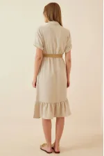 Kadın Vizon Gömlek Yaka Düğmeli  Hasır Kemerli Ayrobin Elbise HZL22S-BD122921