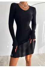 Kadın Siyah V Yaka Yandan İp Bağlamalı Kaşkorse Elbise HZL24W-FRY121751