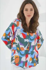 Kadın Haki Gri Mavi Kırmızı Geometrik Desenli Uzun Kolllu Oversize Viskon Gömlek HZL24S-BD1202251