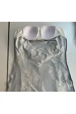 Women's Navy Blue Long Sleeve Lycra Fully Covered Feather Patterned Hijab Swimsuit HZL23S-AR12531