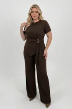 Women's Brown Plus Size Modal Fabric Top and Bottom Set with Gold Buckle Detail HZL26S-ZSS111291