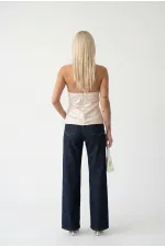 Kadın Krem Halter Yaka Saten Kumaş Sırt Dekolteli Bluz HZL26W-FRY123801