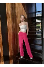 Pantalon large en lin rose pour femme, taille élastique, avec poches, HZL24S-ZK11051