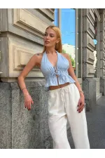 Chemisier dos nu en lin bleu pour femme HZL24S-ZK11081