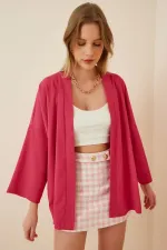 Veste texturée rose à col rabattu et ouverture sur le devant pour femme HZL22S-BD158621