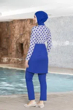 Kadın Tesettür Saks Mavi Krem Desenli Uzun Kollu Tam Kapalı Pantolonlu Elbise Mayo HZL24S-AR1271-179